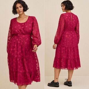 Torrid NEW Star Print Midi Clip Dot Chiffon Tiered Dress in Beaujolais Burgundy